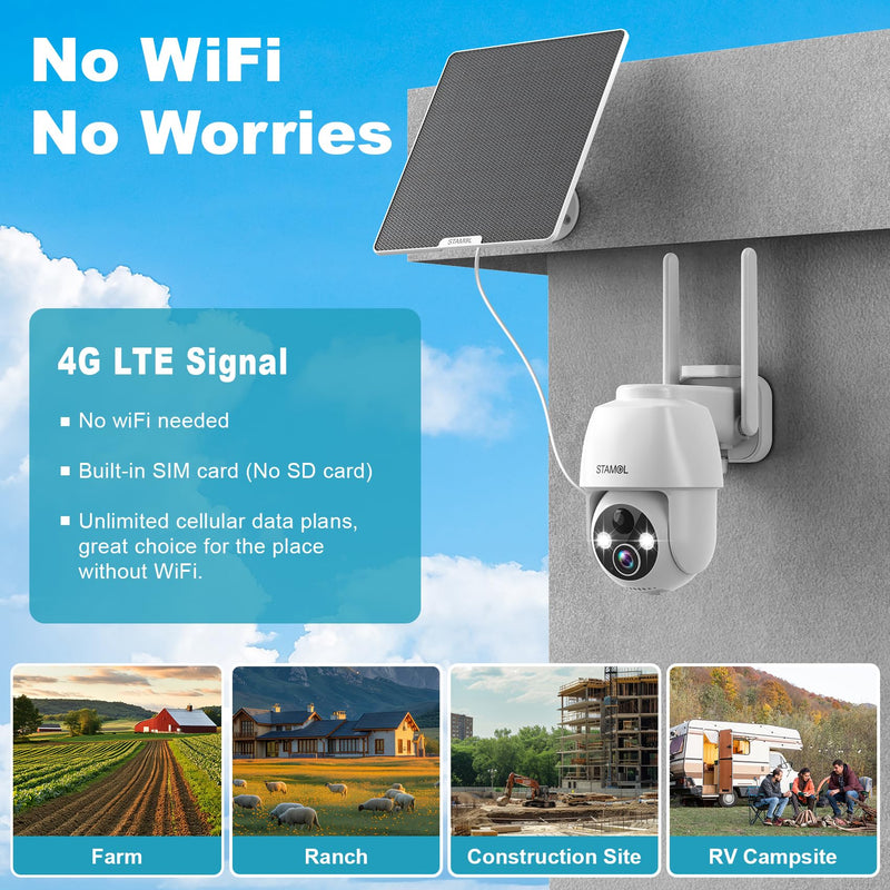 4G LTE Cellular Security Camera, No WiFi Solar Powered Wireless Outdoor Camera with Built in SIM Card, 2K Color Night Vision, 360° Full View, PIR Motion Detection & Siren, 2 Way Talk