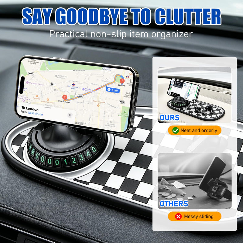 Multifunctional Car Anti-Slip Mat,With360° Rotating Adjustable Phone Holder and Temporary Parking License Plate Holder; Can Store Mobile Phones, Keys, Sunglasses and Other Items (Black and Gray) Black and Gray