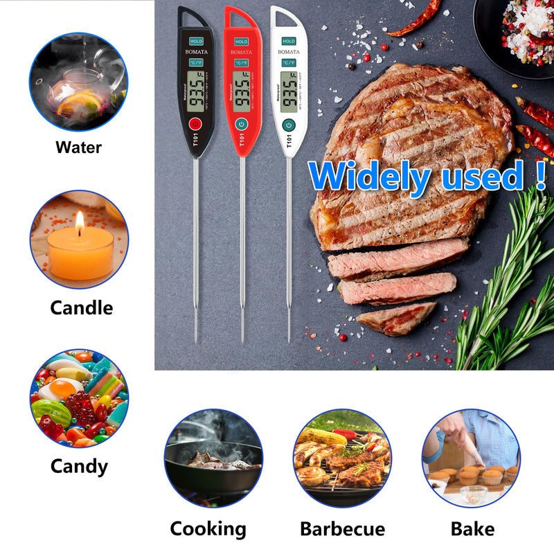 BOMATA 6 Pack Waterproof IPX7 Meat Thermometer Instant Read Food Thermometer with Long Probe for Water, Liquid, Kitchen Cooking, Grill,BBQ ! T101 X 6 Pcs (Black & Red & White)… Black,Red,White