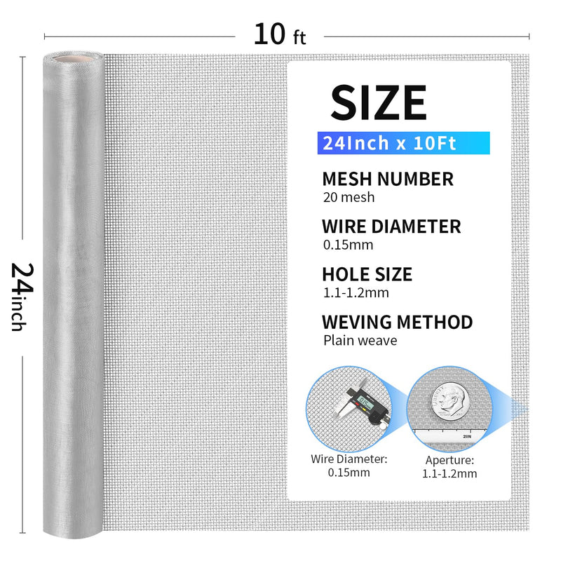304 Stainless Steel Mesh, 24in x 10ft, 20 Mesh, Sturdy Metal Screen Roll for Window, Door, Air Vents, Filter, Cage, Garden, Patio, Pet (Sliver, 24inch x 10feet) Sliver