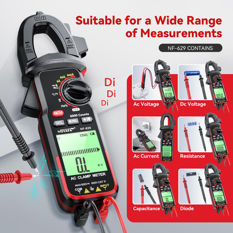 NOYAFA Digital Clamp Meter Multimeter 6000 Counts TRMS, Clamp Multimeter Tester for 600V AC/DC Voltage, High AC Current, Capacitance, Diode Test, Continuity Test, Temperature, Frequency Duty Cycle
