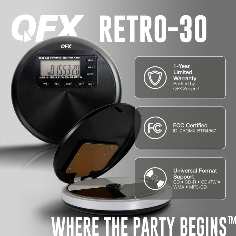 QFX Portable CD Player with Bluetooth and Built-in Speaker, RETRO-30 | 8-Hour Battery, Anti-Shock, Plays CD/CD-R/MP3-CD, Rechargeable Disc Player for Home and Travel, Earphones Included