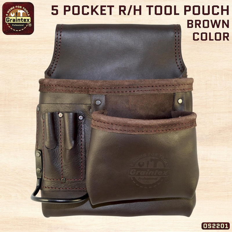 Graintex OS2201 5 Pocket Right Handed Oil Tanned Leather Nail & Tool Pouch Dark Brown Color for Constructor/Electrician/Plumber
