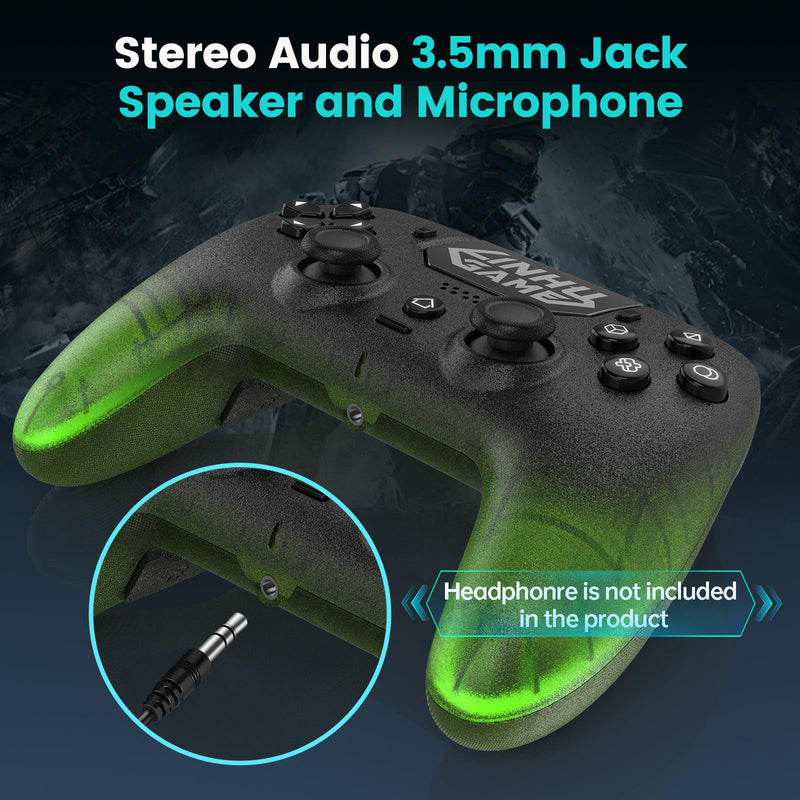 linhugame Transparent Wireless Controller for PS5/Pro/Slim/PC(Electric green),Full surround RGB, Hall-Effect Joysticks and Trigger, Macro, 1500mAh, Speaker and Mic