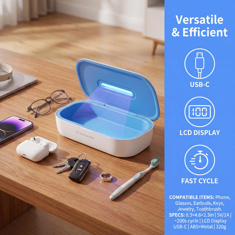 L11 UV Phone Sanitizer Box with LCD Display, Portable UVC Cleaner | Fits phones, glasses, jewelry, keys, earbuds & toothbrushes, large capacity, one-touch operation, portable design