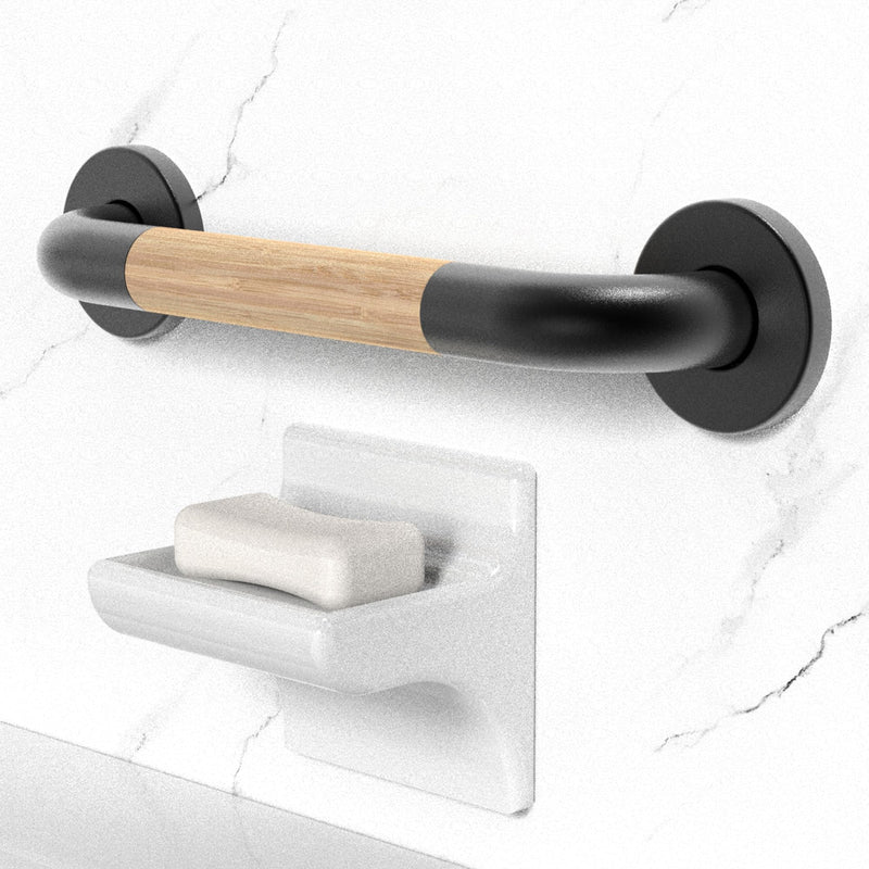 Safety Grab Bar for Bathroom & Toilet, Natural Bamboo Handle, ADA Compliant Balance Assist Handrail for Handicap and Seniors, 12in Matte Black