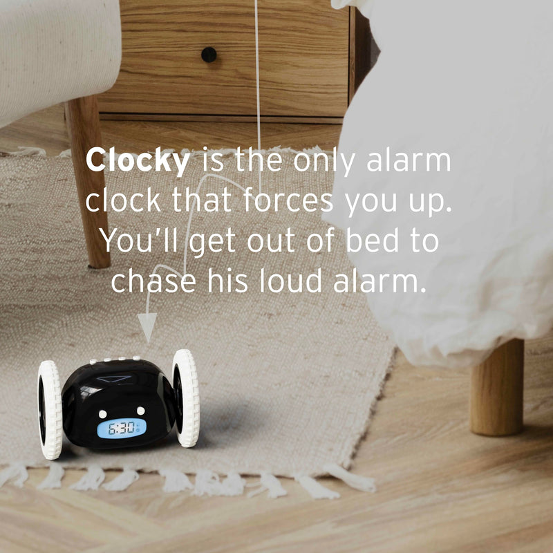 CLOCKY Alarm Clock on Wheels – Loud Rolling Alarm Clock for Heavy Sleepers | Runaway Clock that Jumps & Runs to Wake You Up | Funny Unique Gift for Adults, Teens & Kids Bedrooms (Black) Black