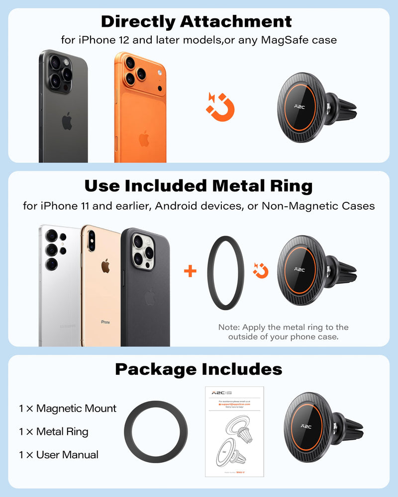 A2C for MagSafe Car Mount, One-Piece Magnetic Phone Holder for Car Vent | No Assembly,17 N54 Magnets,Silicone-Coated Metal Clips,One-Hand Operation,360°Adjustable Vent Phone Holder for Magsafe iPhone 1 Pack