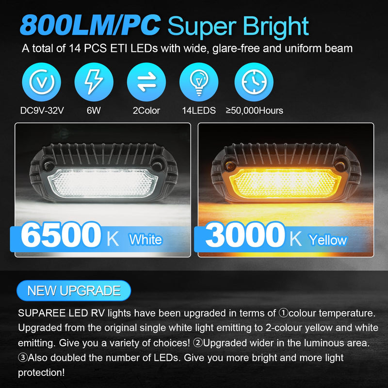 SUPAREE LED RV Porch Light, White Amber 12 Volt Exterior Light, 800 Lumen Black Lighting Fixture Kit Replacement for RVs Trailers Campers (2 Pieces) 2