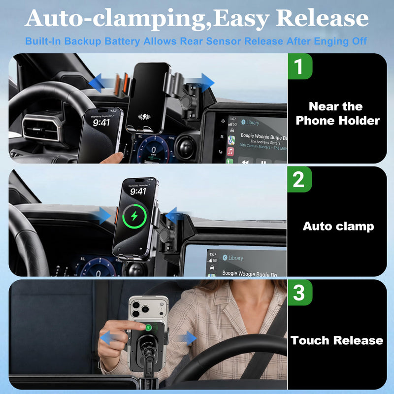 Car Phone Holder for 2024-2026 Toyota Tacoma 4th Gen Accessories, 8-Inch Screen Phone Mount with Up to 15W Fast Wireless Charger, Auto-Clamping Aluminum Holder, 360° Rotation, Keeps Air Vents Clear
