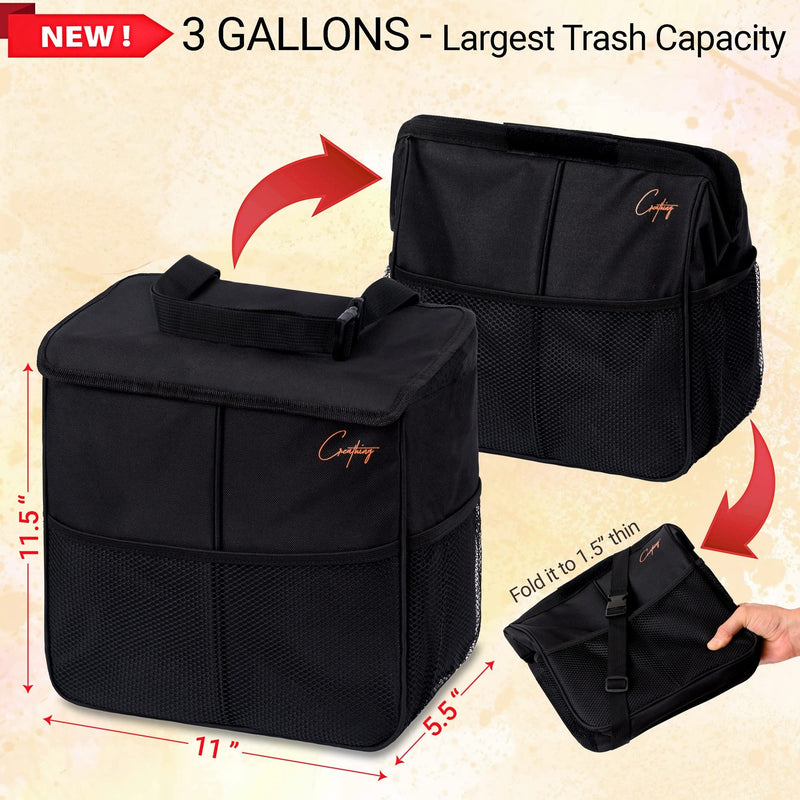 Creathing Leakproof Car Trash Can [3 Gal] Slim Design Garbage Bin– Universal Fit in Cars, Trucks, SUVs, for Floor, Console or Seat Hanging (Black) 3 Gallons Black