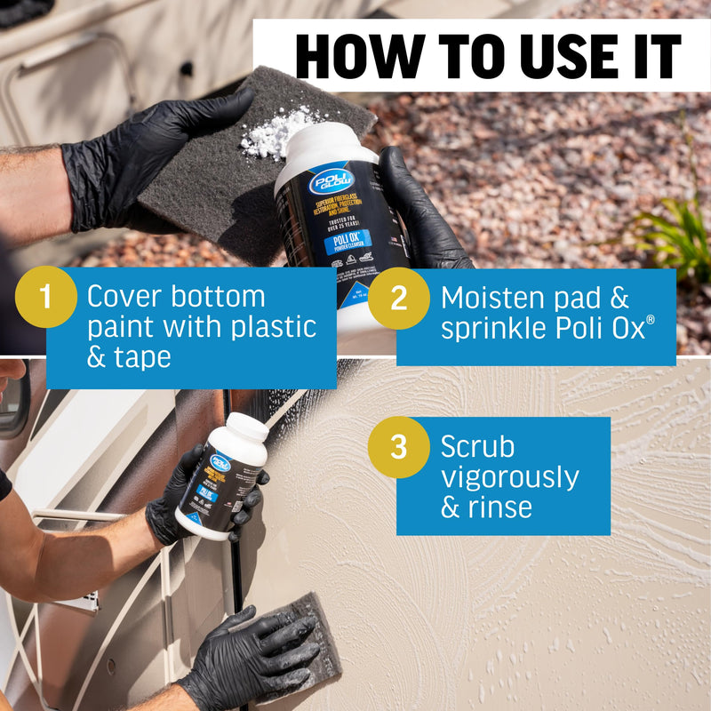 Poli Ox® Oxidation Removal Kit for Boats, RVs, or Fiberglass Surfaces–Removes Heavy Oxidation, Stains & Grime–Safe on Fiberglass, Gelcoat, Vinyl Decals: Includes 16 oz Cleaner, Scrub Pad & Sanding Pad Powder Ox