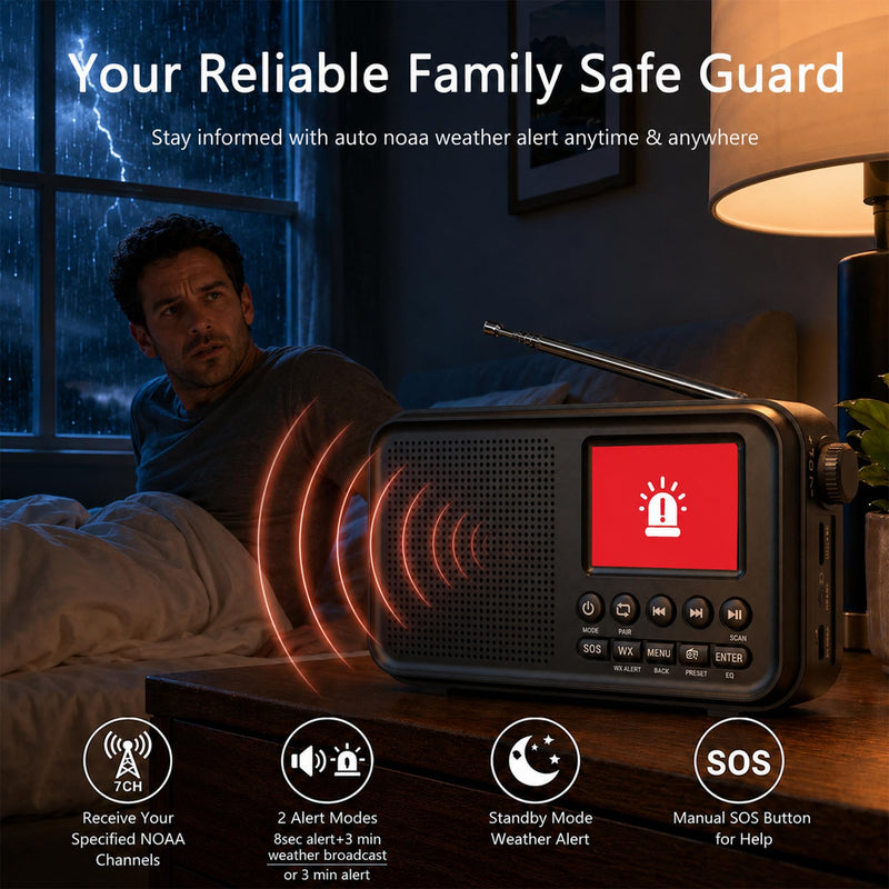 Eoxsmile Portable FM Radio with Bluetooth, NOAA Weather Alert, 40 Presets | Rechargeable 3000mAh Battery, Dual Alarms, Sleep Timer & MicroSD Playback, Digital Radio for Home, Bedside, Kitchen & Travel Black