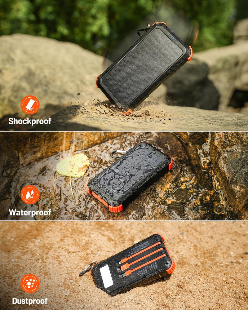 Solar Power Bank Built-in Cables Speed Charging 20000mAh Camping | Portable Charger with Camping Flashlight Outdoor External Battery Pack USB-C in/out for iPhone Samsung Android Deep Orange