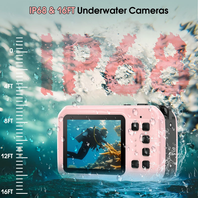 4K Underwater Camera, 64MP 16FT Waterproof Camera w/16GB Card, Light Pink | Floatable Digital Camera, 16X Digital Zoom, Auto Focus, Fill Light, 650mAh Battery, Ideal for Travel, Surfing, Swimming