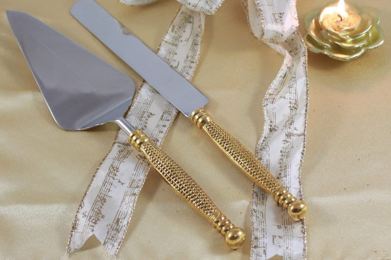 Cake Server, Pie Server, Server Set of Cake Knife and Server, Desert Flatware,String of Beads Design, 2-piece, 18/10 Stainless steel with brass handles (light antique gold finish)… Beads-Gold