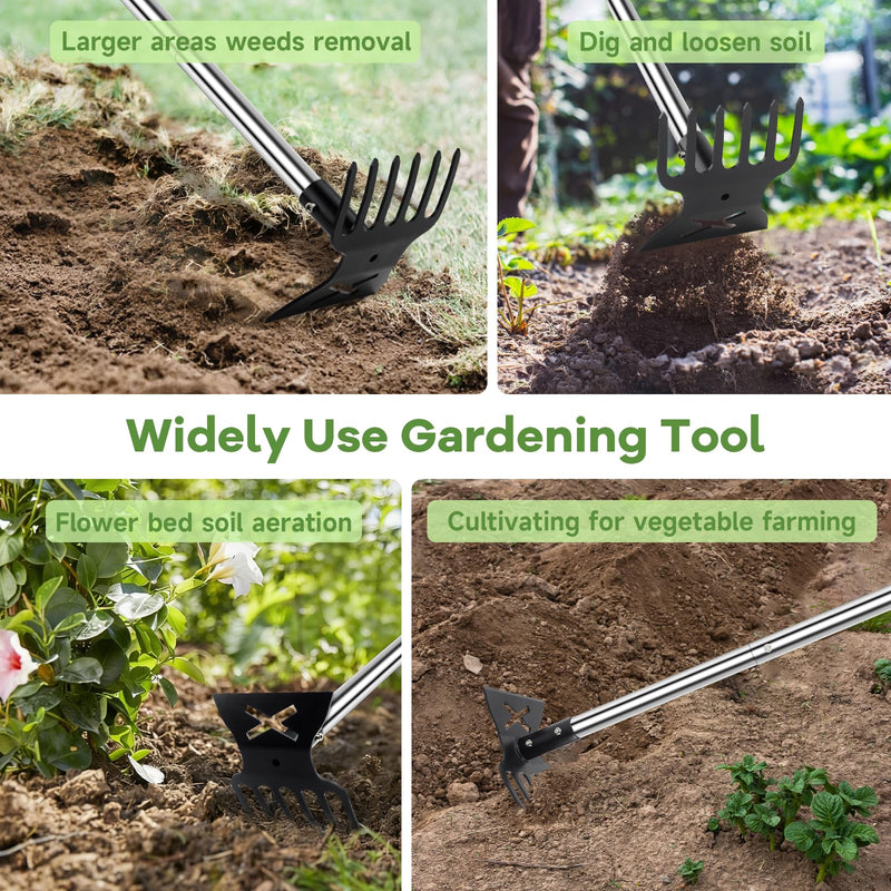2 in 1 Garden Hoe and Cultivator Weeding Rake 6 Tines, Manual Weed Puller Tool with Long Handle, 56" Heavy Duty Hand Weeder Remover Tools for Patio, Lawn, Garden, Flower Beds, Loosen Soil and Planting