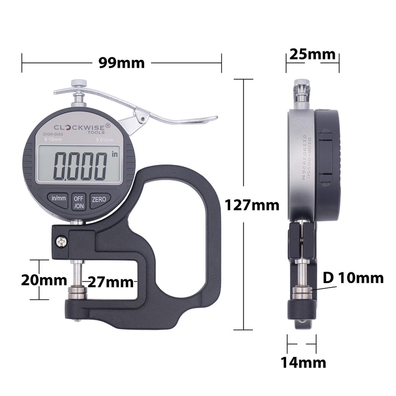 Clockwise Tools Digital Thickness Gauge, DTGR-0055 0-0.4 inch/10mm, 0.0005"/0.01mm Resolution Resolution 0.0005"/0.01mm