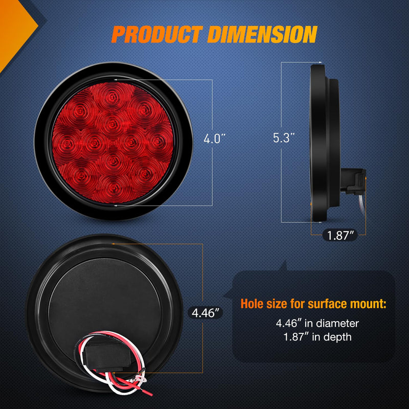 Nilight - TL-18 2PCS 4" Round Red LED Trailer Tail Lights w/Surface Mount Grommet Plugs IP67 Stop Brake Turn Tail Lights for Truck Trailer RV Jeep Red 2pcs