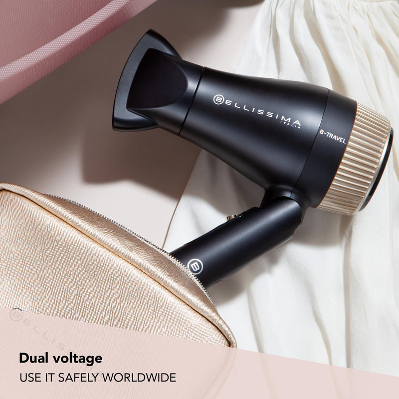 Bellissima B Travel Hair Dryer – Premium Mini, Fast, Light Dryer for Women and Men, Foldable, Compact, 2 Heat Settings, Luxury Travel Bag Included, Worldwide Use, 1400W Dual Voltage Hair Dryer with folding handle
