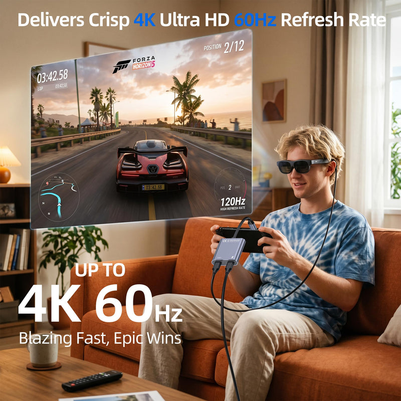 USB C to Glasses Charging Adapter, 100W PD Charge & Play for AR Glasses, 4K@60Hz Video Output for XREAL/Viture/Rokid/RayNeo, Steam Deck, ROG Ally, Switch (Not Switch 2), PS5, Xbox, Mac, Laptops