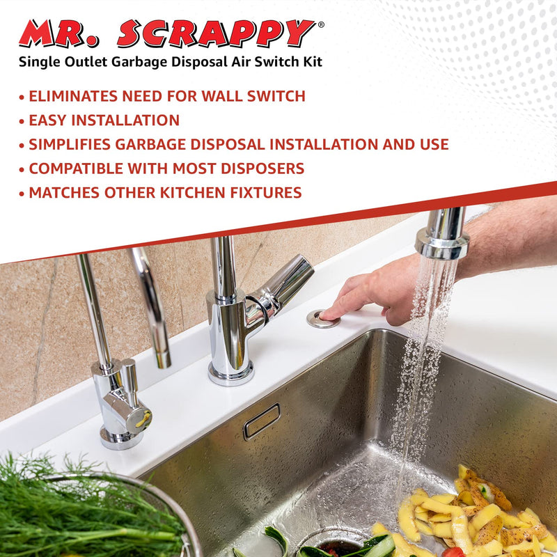 Mr. Scrappy 20-MSAS-65 Single Outlet Garbage Disposal Air Switch, Kitchen Sink Top On and Off Kit for Waste Disposers, Includes Button, Tubing, 120V Power Module, and Hardware, Chrome