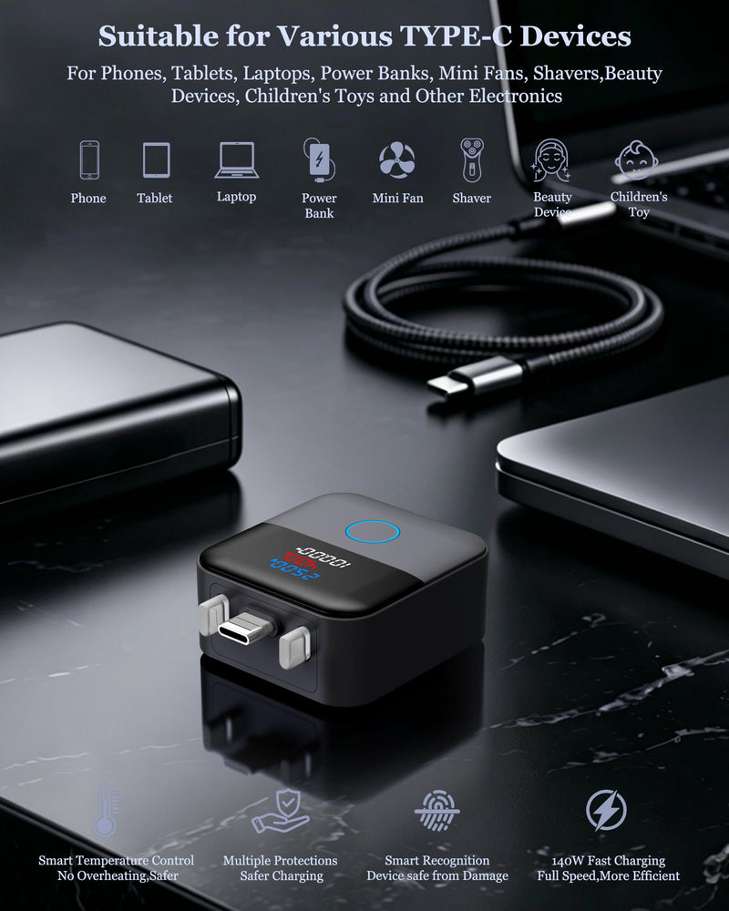 140W Smart Auto Stop Charging Adapter : Ai Auto Power Off Charger Protector | Physical Disconnect Battery Guard, USB-C Fast Charger with Physical Cut-Off for iPhone,Tablet,Earphones & All Type-C Devices Black