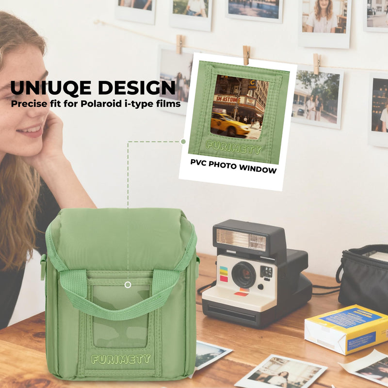 Camera Case for Polaroid Now 3rd/2nd Gen with Photo Display Window | Instant Camera Sling Bag with Clear Display Window, ilted Front Pocket, 8mm Padding, Top Handle and Adjustable Strap, Green