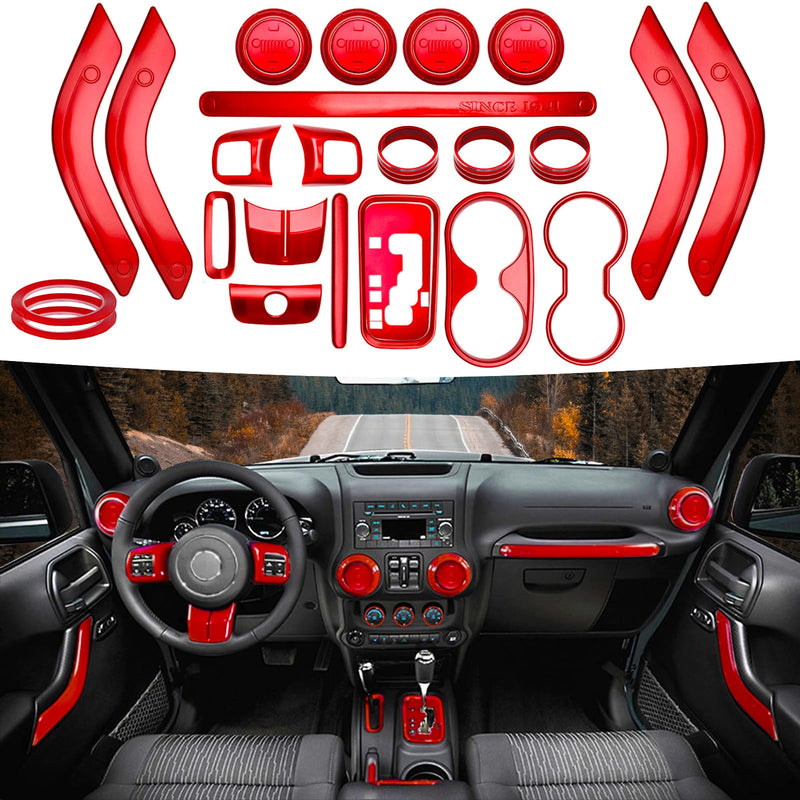 26PCS Full Set Interior Trim Kit Compatible With Jeep Wrangler JK JKU 2011-2018 2&4-door Inner Center Console Trim, Door Handle, Cup Holder Cover (Red Decoration Kit) Christmas Car Decorations Red