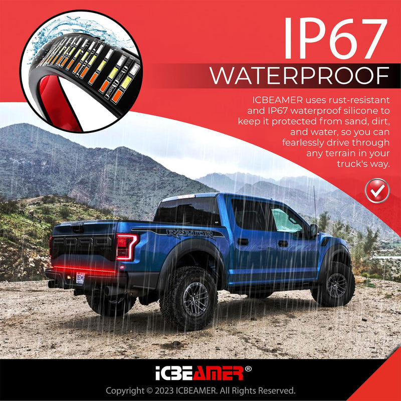 ICBEAMER Triple Row 60 inch 504 pcs LED for Pick up/Truck Tailgate Light Bar Side Bed Light Strip Bar IP67 Waterproof Reverse- 6 Functions Tail/Brake/Sequential/Turn Signals/Reverse/Flashing Lights Triple Rows