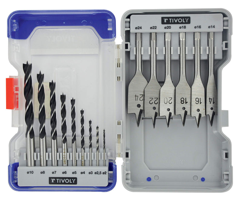TIVOLY - Wood Drill and Bit Set - for Softwood Drilling - 15-Piece Kit: 9 HSS Drill Bits with 3 Points Ø1/12.5" to 3/8" + 6 Flat Wood Bits Ø9/16-1"
