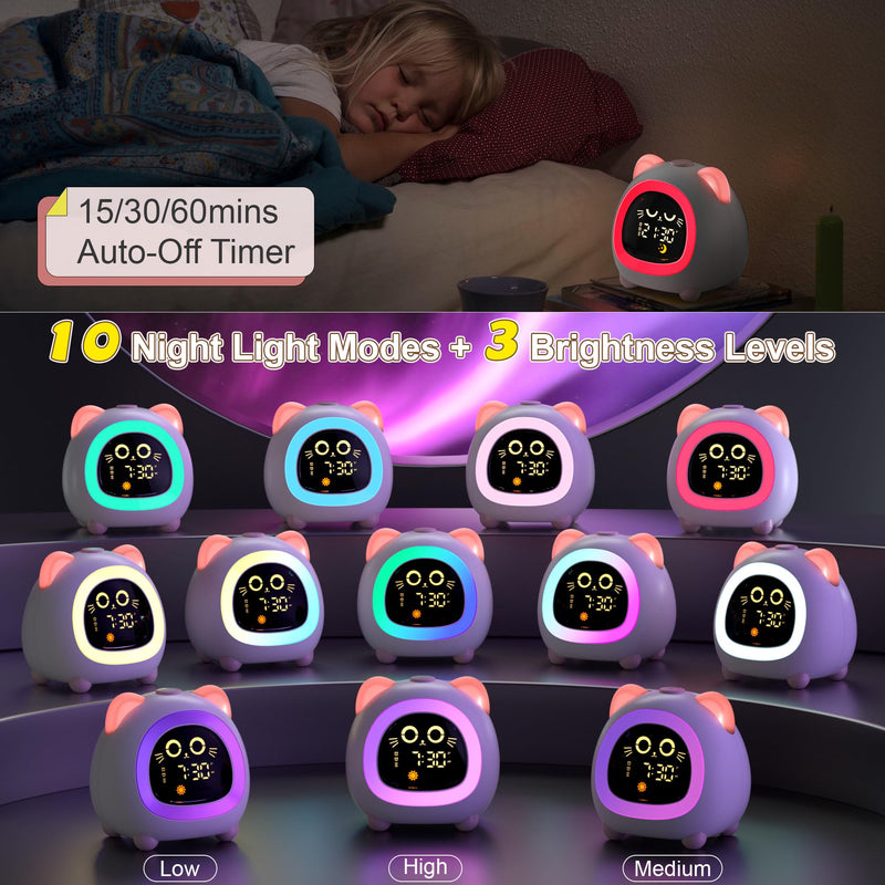 Alarm Clock for Kids, Ok to Wake Clock for Kids with Eye Protection Sleep Training Auto Off Feature 10 Night Light Dual Alarm for Bedroom, Kids Alarm Clock Pink Cat Gifts for Girls Powder Pink