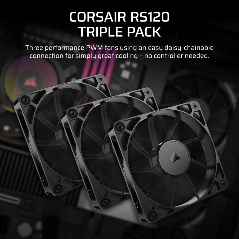 CORSAIR RS120 120mm PWM Fans – Daisy-Chain Connection – Low-Noise – Magnetic Dome Bearing – Triple Pack – Black Non-ARGB 3 x 120mm