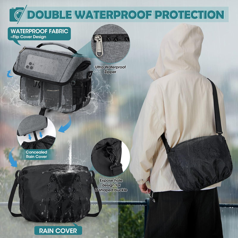 RAINSMORE Camera Bag, DSLR SLR Mirrorless Camera Case for Photographer | Waterproof Camera Sling Bag with Rain Cover & Tripod Holder Soft Padded Crossbody Camera Bag for Sony Canon Nikon Fujifilm Grey M