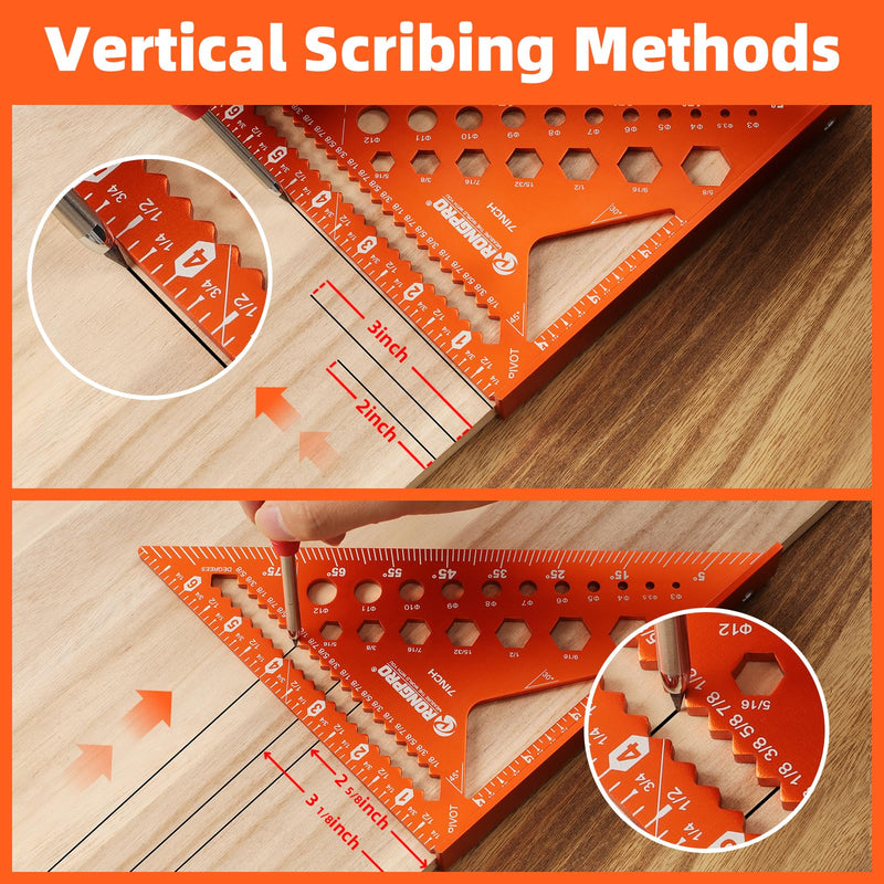2pcs Rafter Square, 12-inch & 7-inch Carpenter Sqaure Set withWoodworking Pencil, Carpenter Measuring Layout Tool,Aluminum Alloy Triangle Ruler for Woodworking- Imperial 7+12 inch