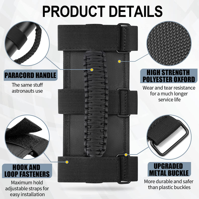 moveland 2 Pack Roll Bar Grab Handles, Black Paracord Grip Handles for 1955-2023 Jeep Wrangler JL, JK, TJ, YJ & Jeep Gladiator Accessories - Upgrade Metal Buckle, Strong & Durable Standard 2-Pack