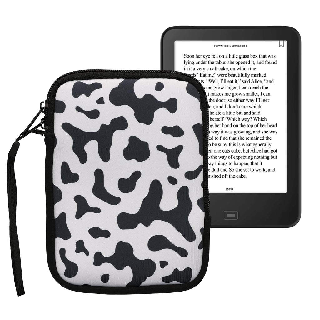 kwmobile Neoprene e-Reader Pouch Size 6" eReader - Universal eBook Sleeve Case with Zipper, Wrist Strap - Black/White Cow Print black / white