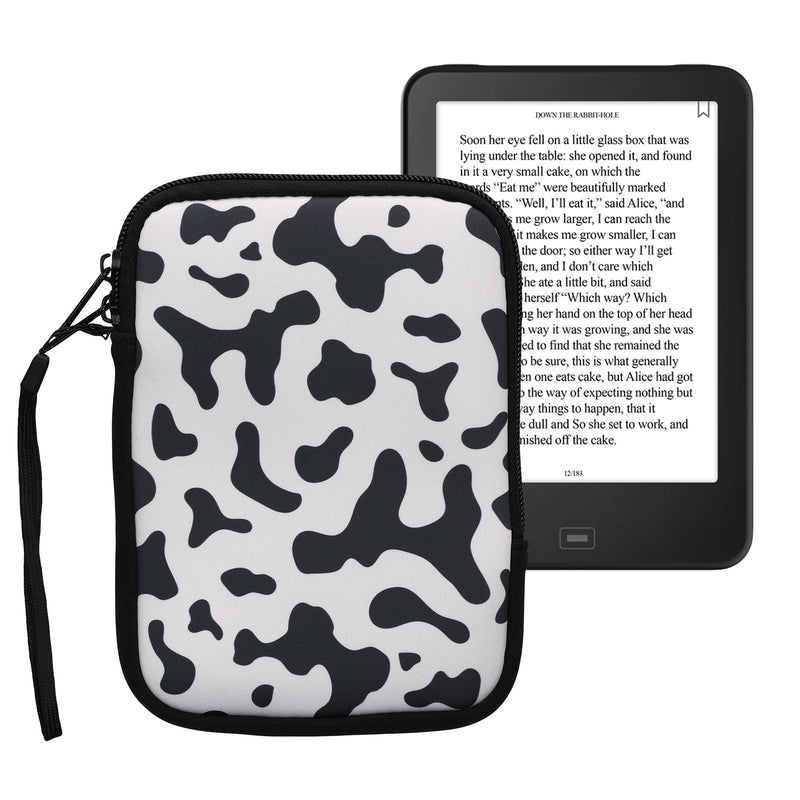 kwmobile Neoprene e-Reader Pouch Size 6" eReader - Universal eBook Sleeve Case with Zipper, Wrist Strap - Black/White Cow Print black / white