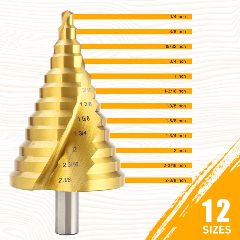Spiral Groove Step Drill Bit, 12 Steps High-Speed Steel 1/4" to 2-3/8", Large Step Drill Bits for Cutting Holes in Iron Aluminum Copper Plastic Wood