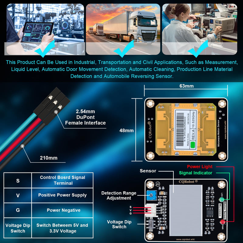 CQRobot 10.525GHz Doppler Effect Microwave Motion Sensor Compatible with Raspberry Pi and Arduino Motherboard. for Industrial, Measurement, Automatic Doors, Smart Lights, Reversing Radar, etc.