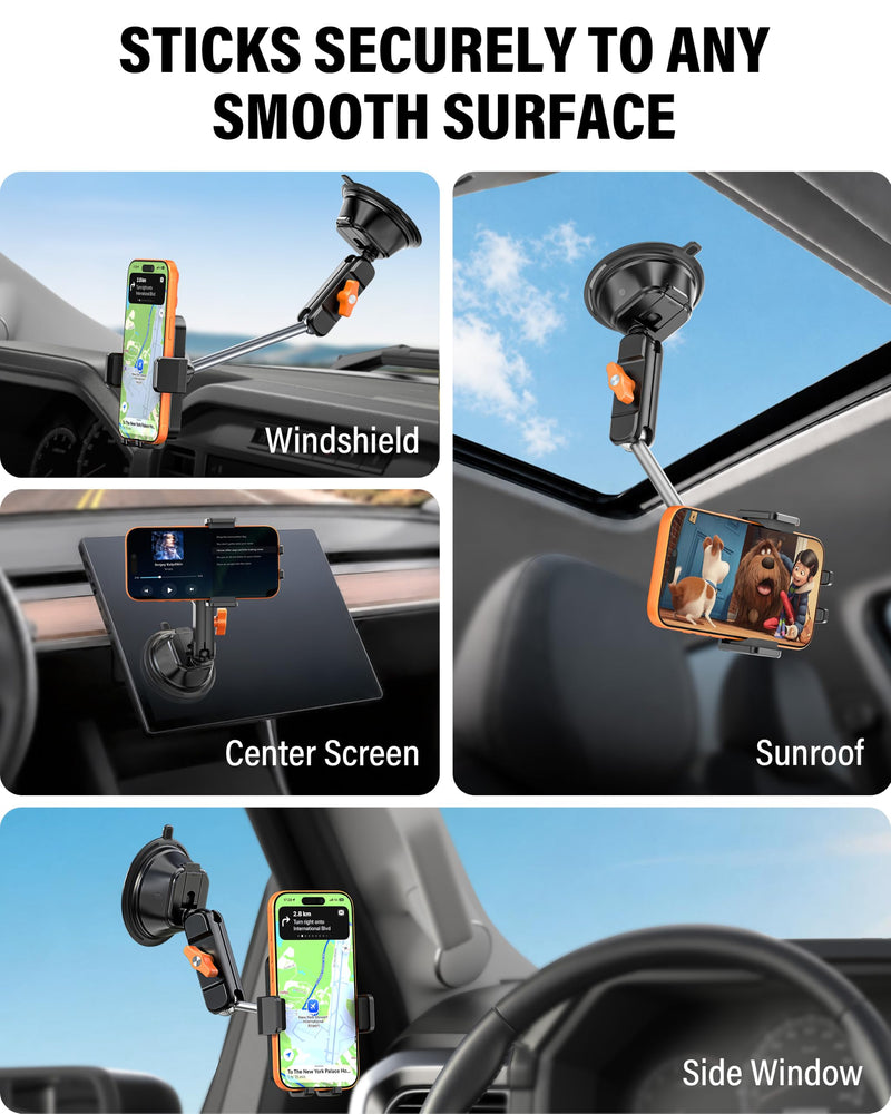 A2C 12" Anti-Shake Metal Arm Windshield Phone Mount, Suction Phone Mount | Heavy-Duty Vacuum Dual Suction Cup, One-Hand Release, 360° Rotation, for iPhone & Most Smartphones, Fits Car, Truck & Pickup Extended