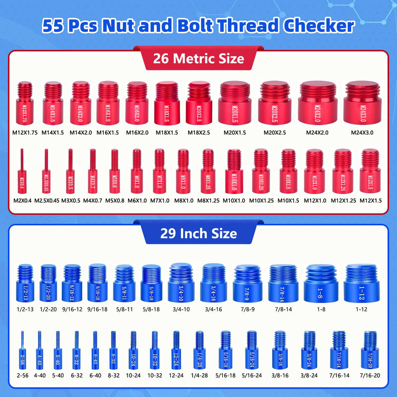 Nut and Bolt Thread Checker Set, 55 Pcs Thread Checker Tool (25 Metric & 30 SAE), Bolt Thread Gauge & Size Finder, Bolt and Nut Identifier with Storage Case for Mechanics Garage