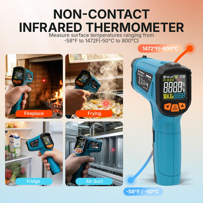 Tilswall Infrared Thermometer, -58°F to 1472°F(-50~800°C), Non-Contact Digital Laser Thermometer with Probe, Adjustable Emissivity, High/Low Temp Alarm, for Cooking/BBQ/Freezer(NOT for Human)-W300 -50°C~800°C(with K-type probe)