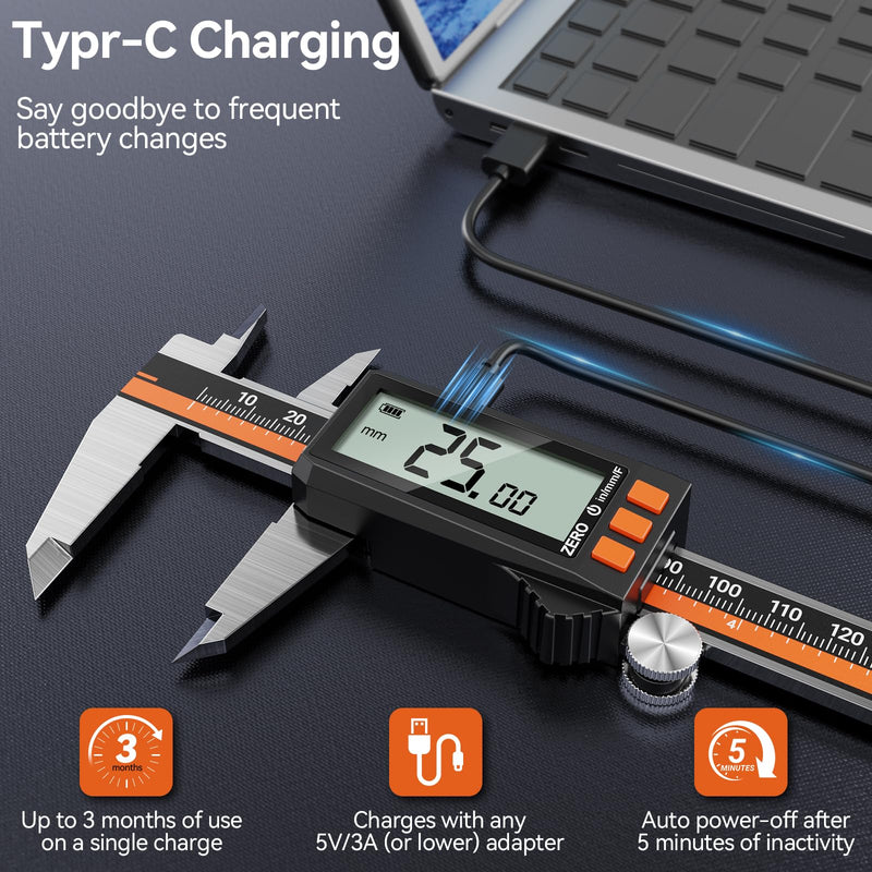 Preciva Digital Caliper - Rechargeable Stainless Steel Micrometer with IP54 Protection | Auto-Off, Large LCD Screen & Inch/Metric Conversion | Precision Measuring Tool 6Inch/150mm