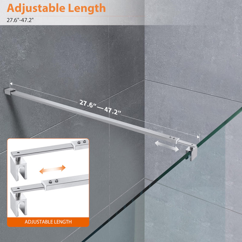 Shower Door Support Bar, Adjustable Length 27 3/5"-47 1/5" (700mm-1200mm) Rod for 5/16" (8mm) to 3/8" (10mm) Thick Frameless Glass Door Panel, Brushed Silver Adjustable length 700-1200mm, square end