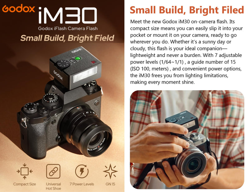 Godox iM30 Mini Flash Camera Flash, GN 15, 7 Power Levels, CCT 6500K±200K, IM 30 Mini Manual Flash Speedlite for Canon/Sony zv1/Sony zve10 /Ricoh gr3/Nikon/Fuji f1-230 Full-Power Flashes/3.6S Recycle