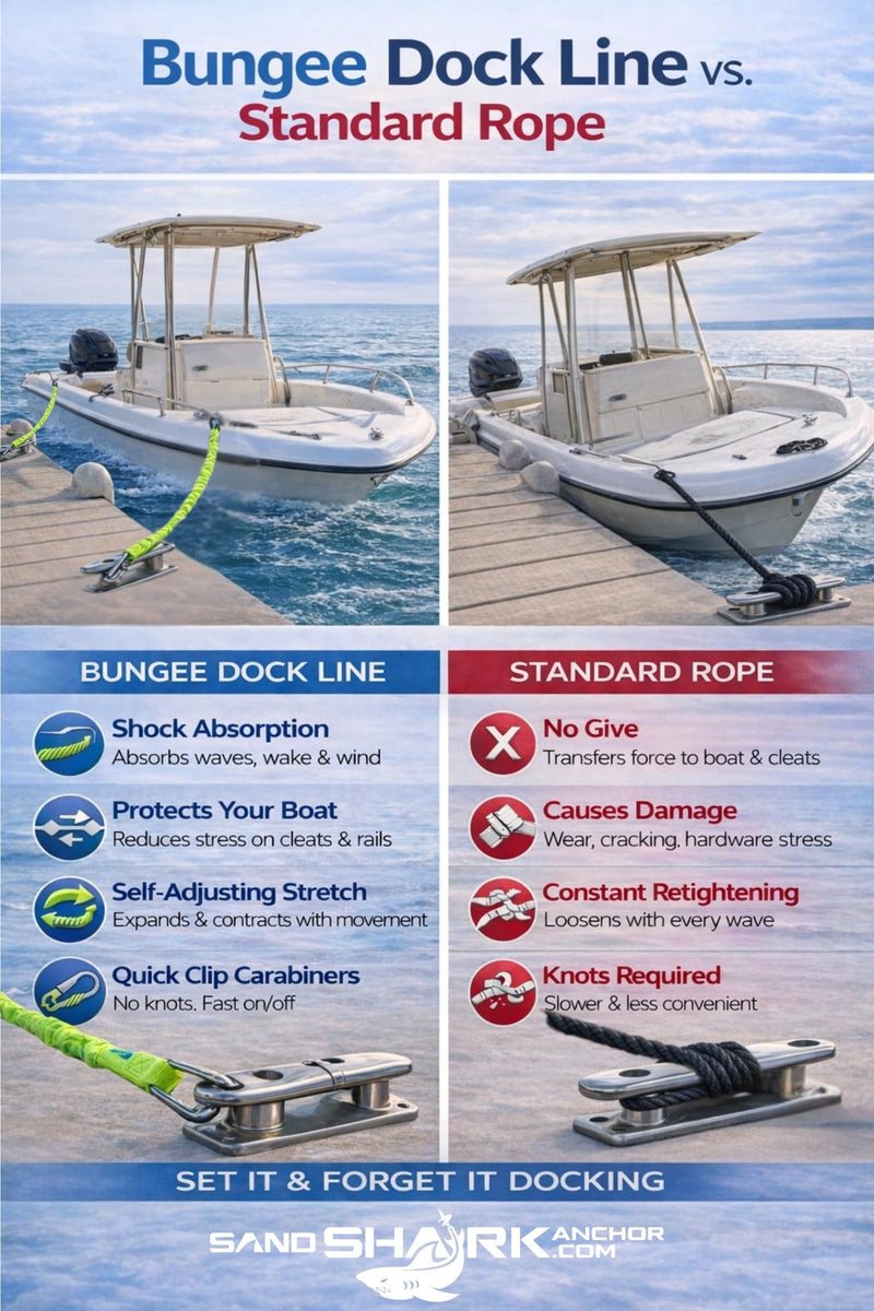 SandShark Premium Flat Bungee Dock Line – Stretches 4-7 FT - Boat & Jet Ski Dock Lines with Stainless Steel Carabiners – Shock Absorbing Mooring Rope for PWC, Boats & Pontoons. Neon Green 4-7ft 2 Pack