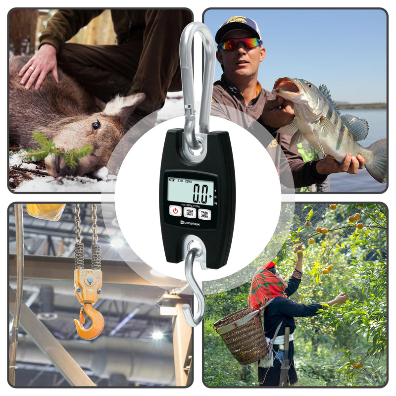UNIWEIGH Digital Hanging Scale 660lb/300kg Handheld Crane Scales | Industrial Scales with Hooks,Luggage Scales with LCD/Hold/Tare for Weighing,Farm Hunting,Fishing Outdoor,Suitcases(Black)