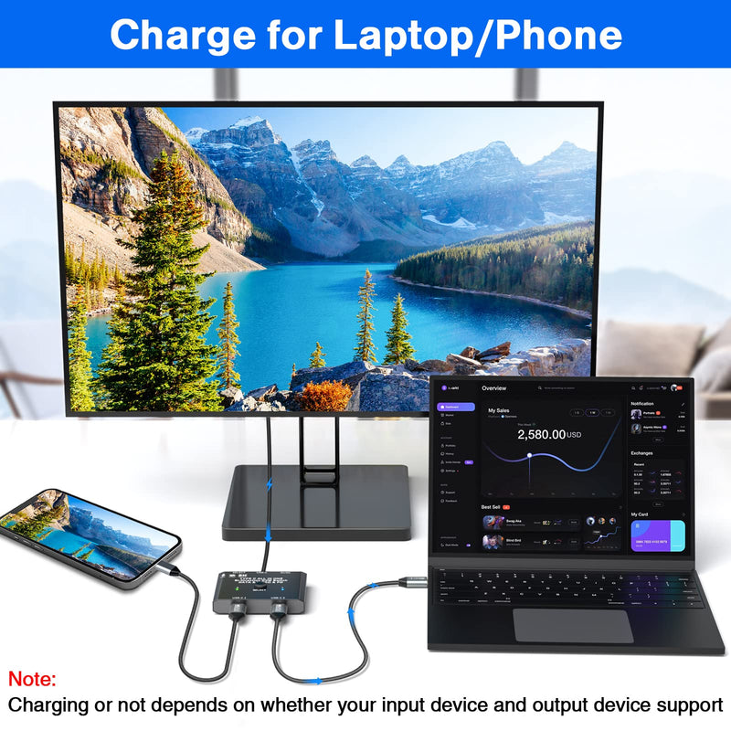 USB C Switch 2 in 1 Out USB C Switcher Selector for 2 Laptops Share 1 USB Device, 4K@60Hz/10Gbps Data Transfer and 100W PD Charging, Wired Control and 2 UBS C Cables USB C Switch 2 in 1 out