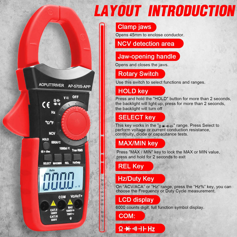 Clamp Meter 6000 Counts Bluetooth Clamp Multimeter 1000A AC/DC Current TRMS Clamp-on Ammeter Auto-ranging Measure Volt Amp Ohm Continuity Diode NCV-AP-570S-APP